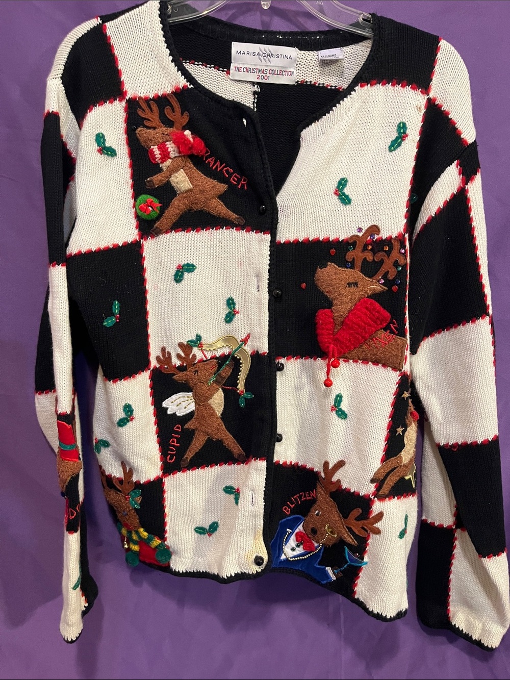 Marisa Christina Black & White Checkerboard Reindeer Embroidered Cardigan